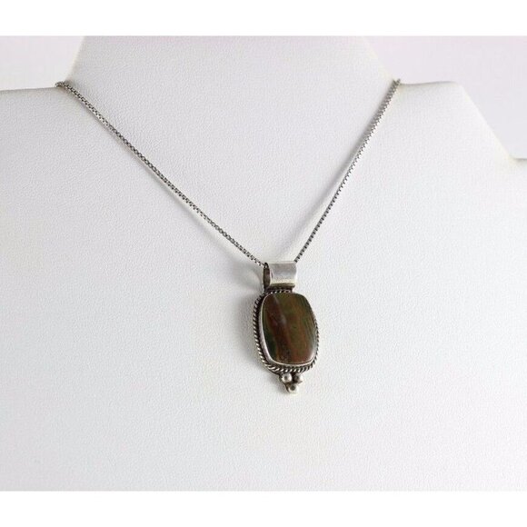 Sterling Silver Brown and Green Ocean Jasper Necklace 18 inch chain - Picture 2 of 5